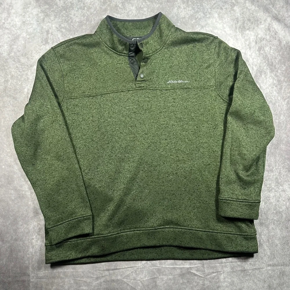Eddie Bauer Men XXL Green Heathered Sweater Fleece Snap Mock Neck Pullover Cabin